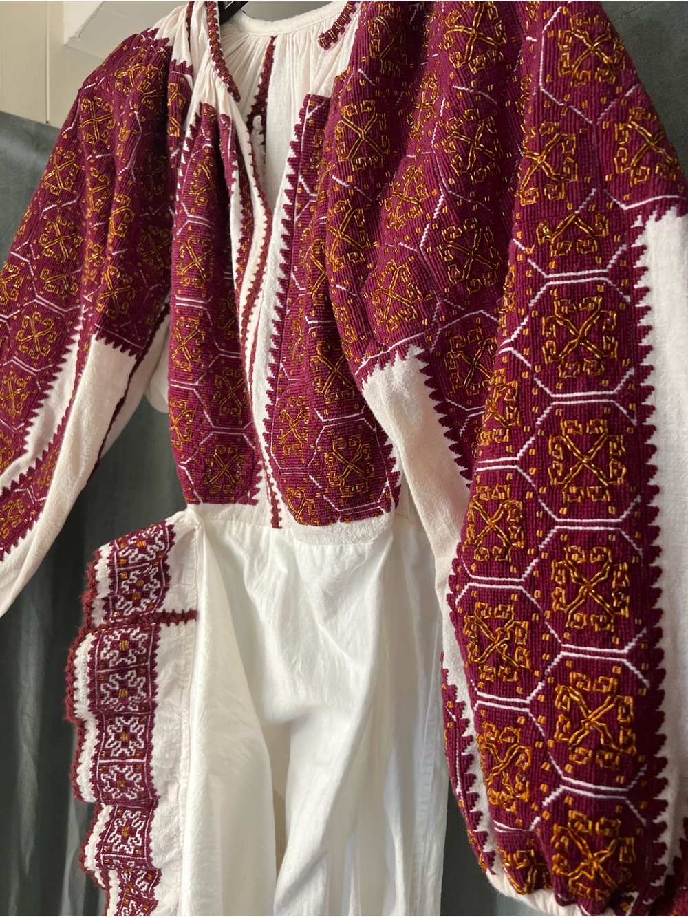 Ie Romanian cusutaTraditional Embroidered Long Sleeve Dress in Burgundy - Picture 3 of 7